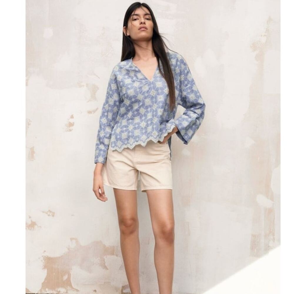 Zara Floral Embroidered Retro V-Neck Long-Sleeved high low top cotton small